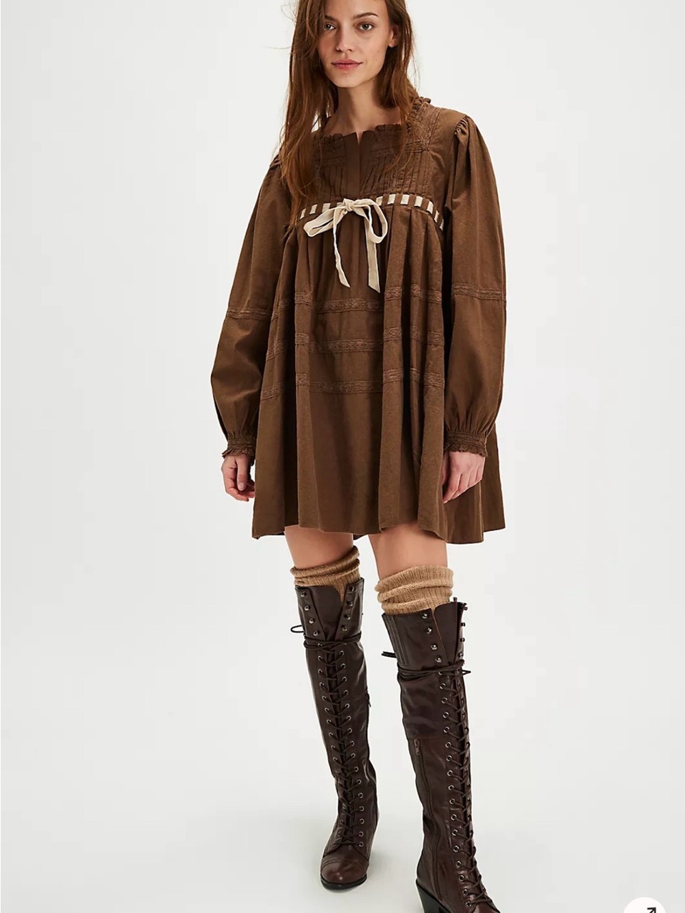 Free People Brown Long Sleeve Peasant Tunic with Cream Tie M never worn
